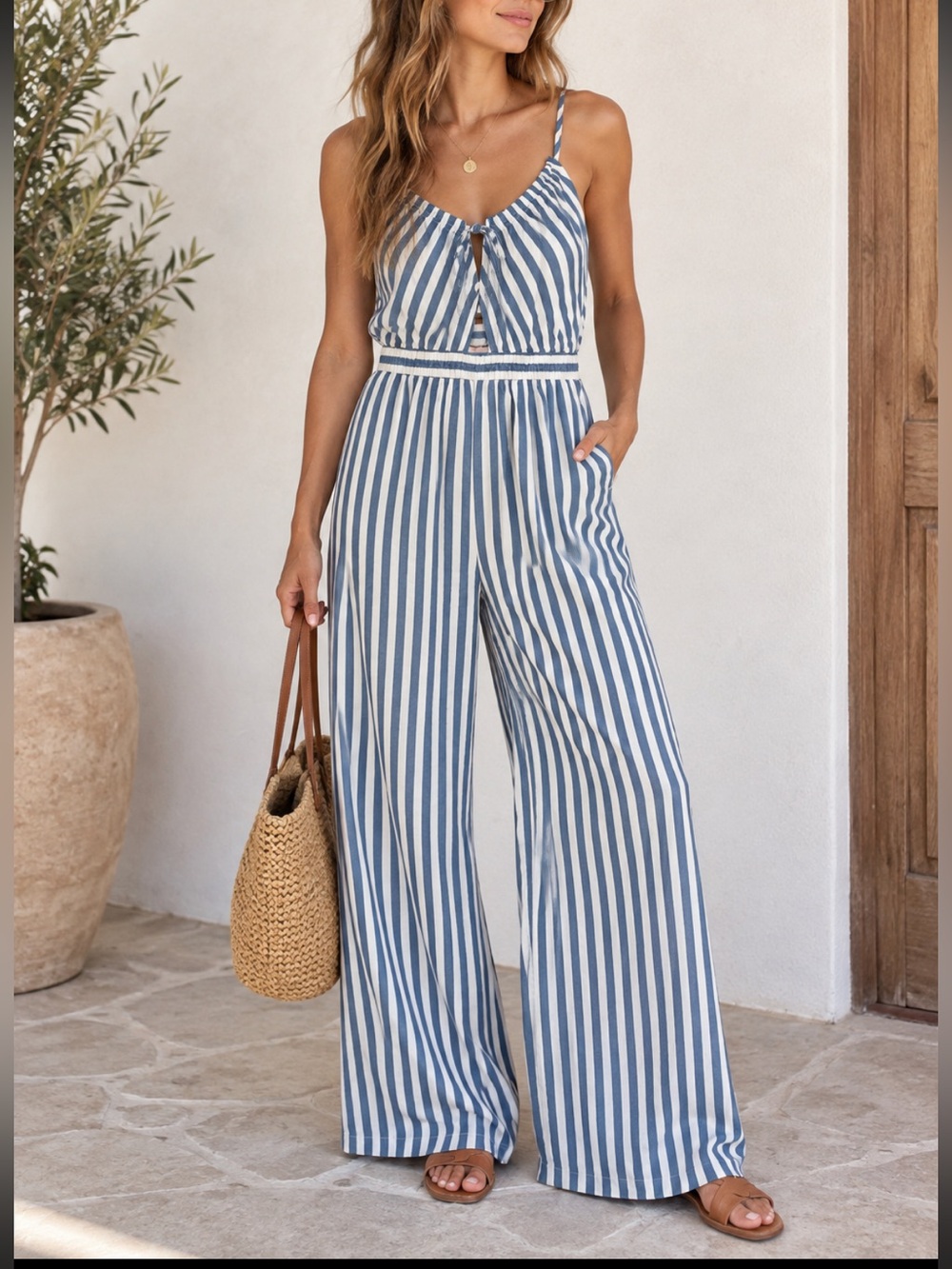 The Native One Striped Blue & White Wide-Leg Jumpsuit